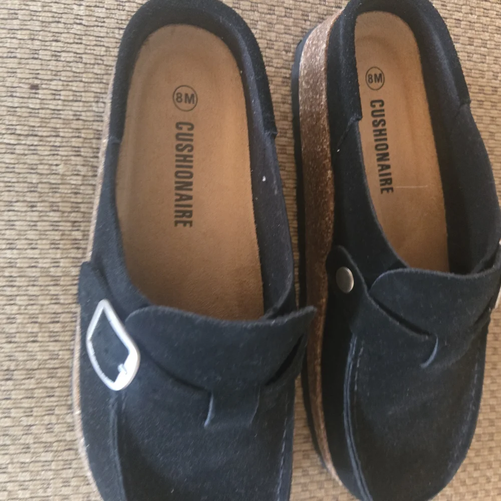 Black Suede Buckle Mules with Cork-Trim Sole - Picture 2 of 3